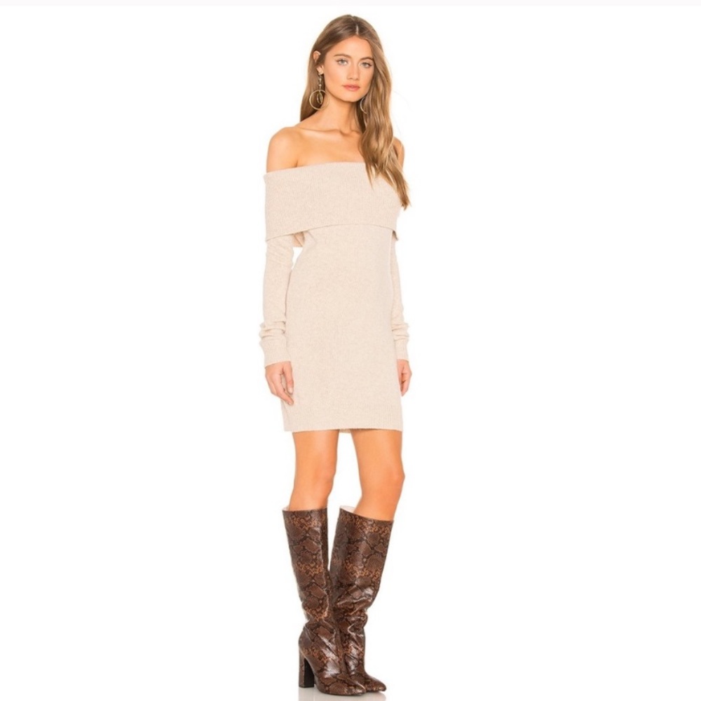 Tularosa Dreamin Off The Shoulder Mini Sweater Dress Tan Size Small - Picture 2 of 8